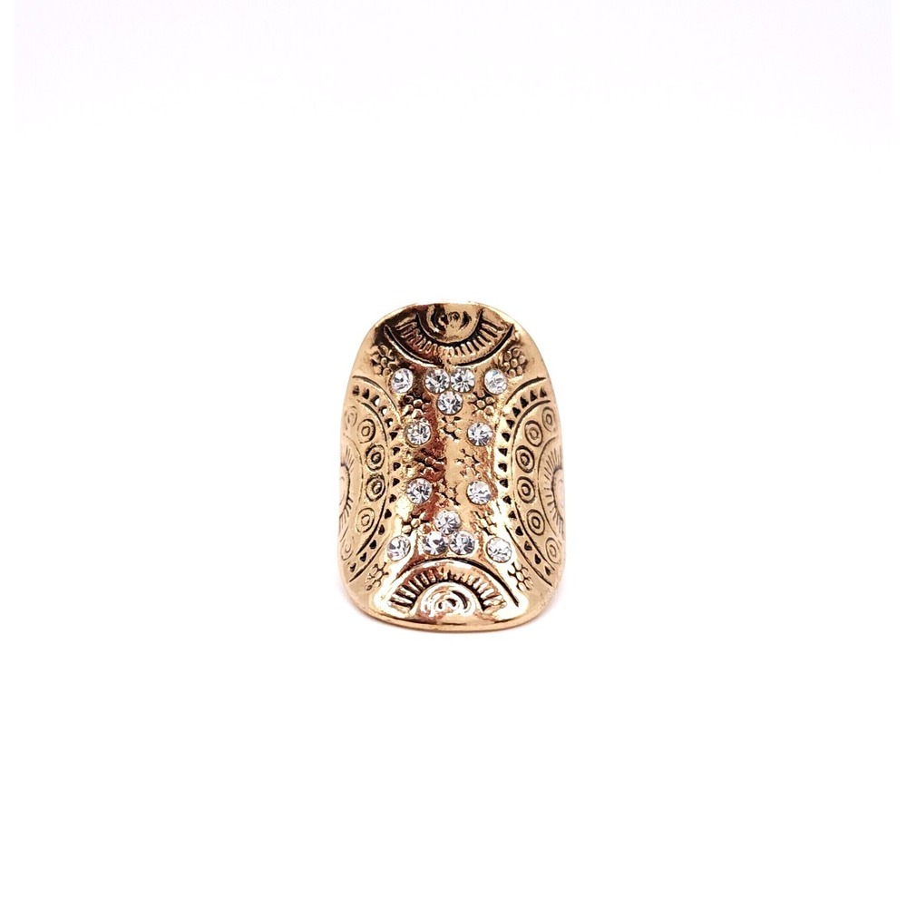 Gold Tone Tribal Engraved Statement Ring Women's Shield Rhinestone Boho Jewelry - Picture 7 of 10